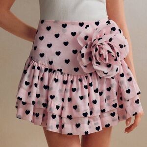 Anewsta Cute Daily Wear Heart Pattern Pink Ruffle Edge 3D Floral A-Line Skirt
